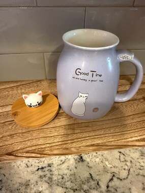 Lavender Purple Ceramic Cat Mug with Bamboo Lid and Kitty Finial
